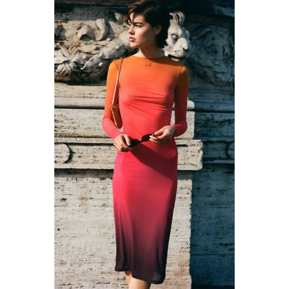 Courreges 2nd Skin Dress In Gradient Sunset in Orange XSmall New Womens Bodycon - Picture 14 of 16